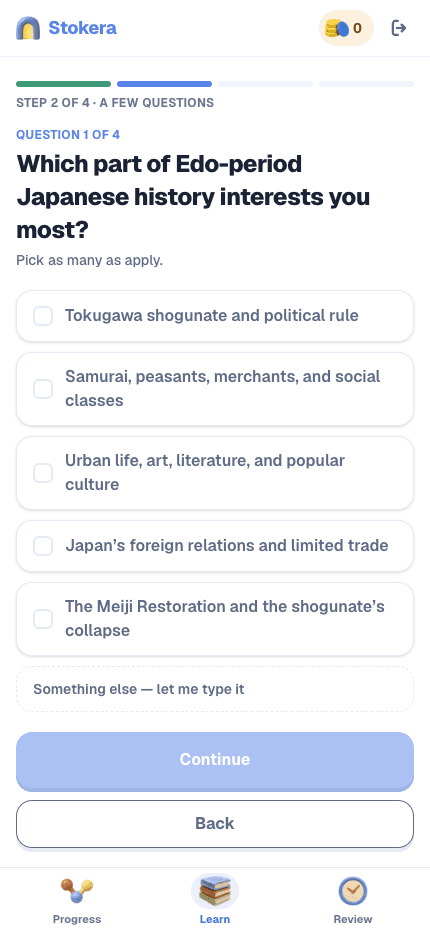 Stokera mobile course setup asking which parts of Edo-period Japanese history interest the learner