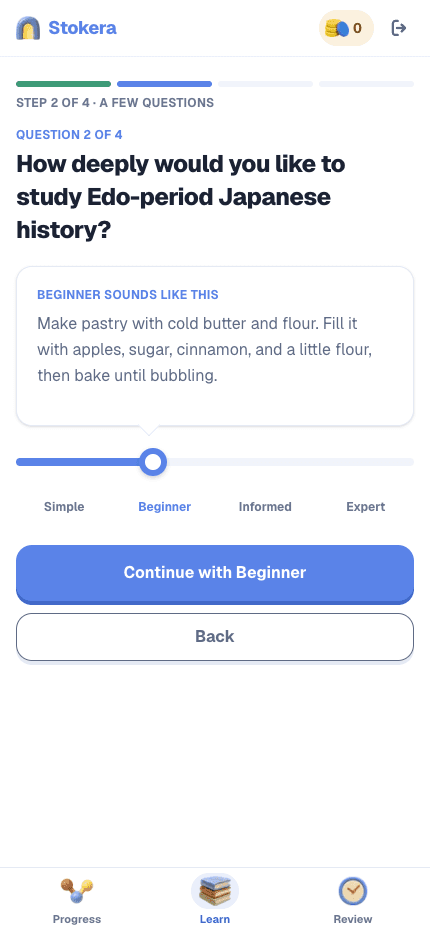 Stokera mobile course setup showing a learning depth selector from Simple to Expert